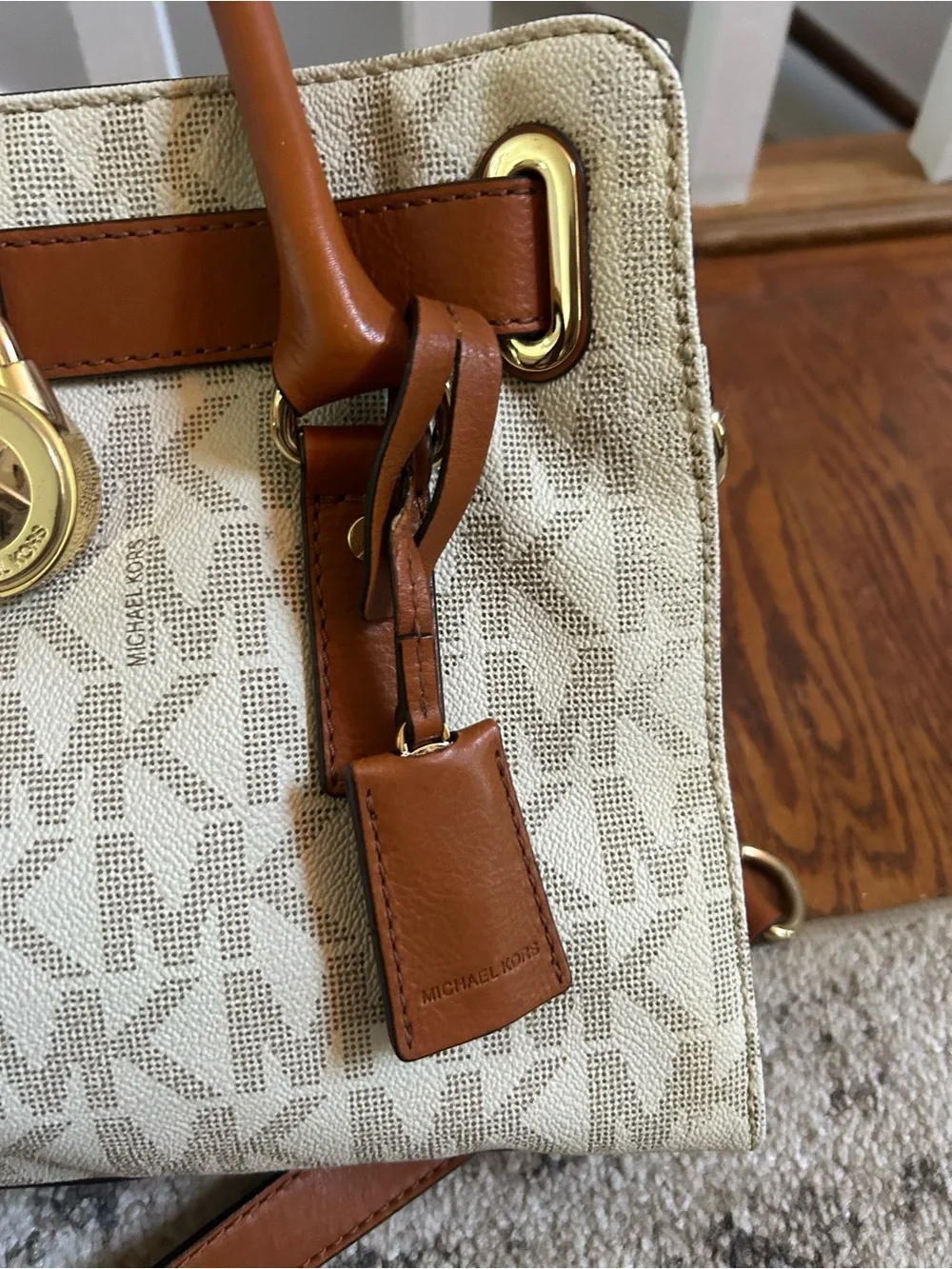 Michael Kors Cream and Tan Logo Satchel with Gold Hardware